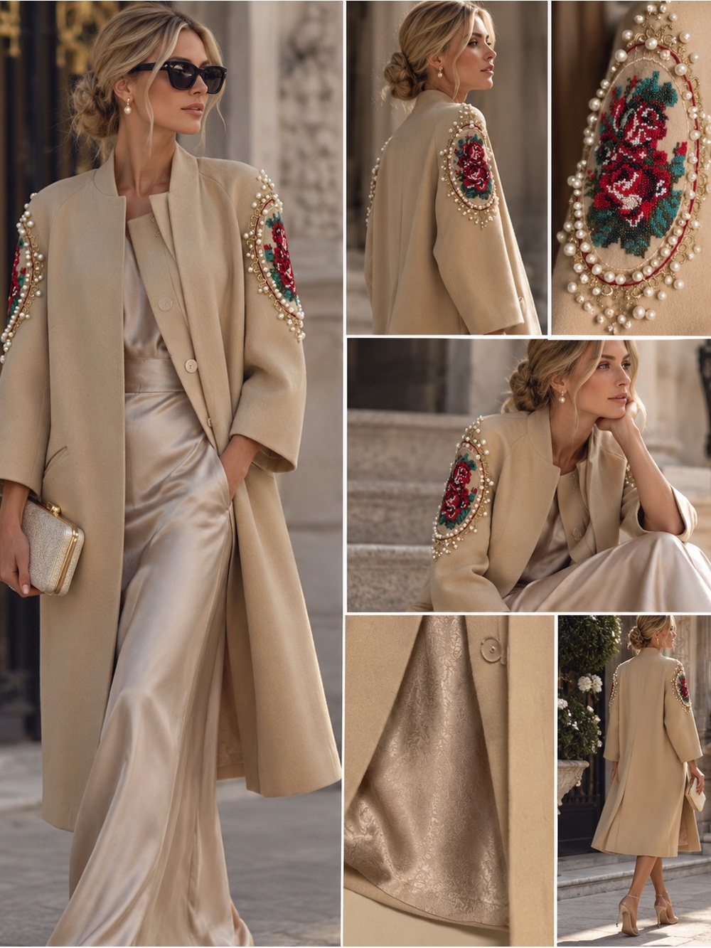 Elegant Women's Beige Embroidered Pearl-Trim Wool Coat